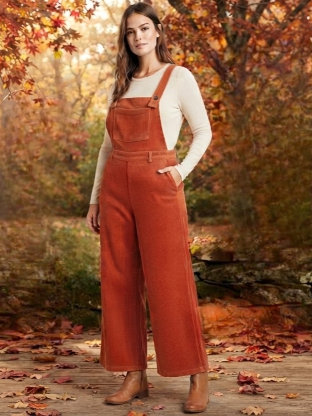Cider Rust Corduroy Wide-Leg Overalls
